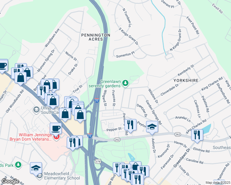 map of restaurants, bars, coffee shops, grocery stores, and more near 6655 Frances Street in Columbia