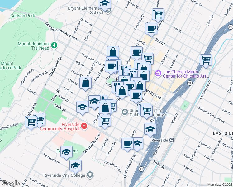 map of restaurants, bars, coffee shops, grocery stores, and more near 3892 Tenth Street in Riverside