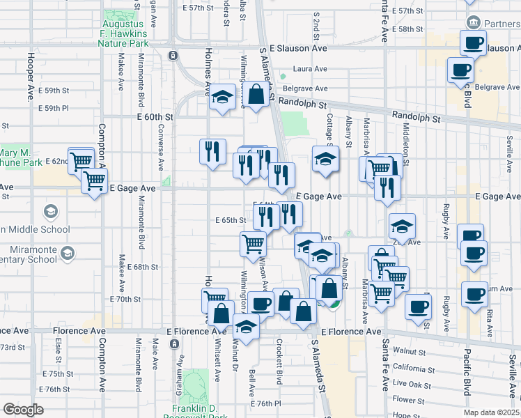 map of restaurants, bars, coffee shops, grocery stores, and more near 1922 East 64th Street in Los Angeles