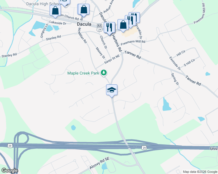 map of restaurants, bars, coffee shops, grocery stores, and more near 2463 Robin Ridge Drive Southeast in Dacula