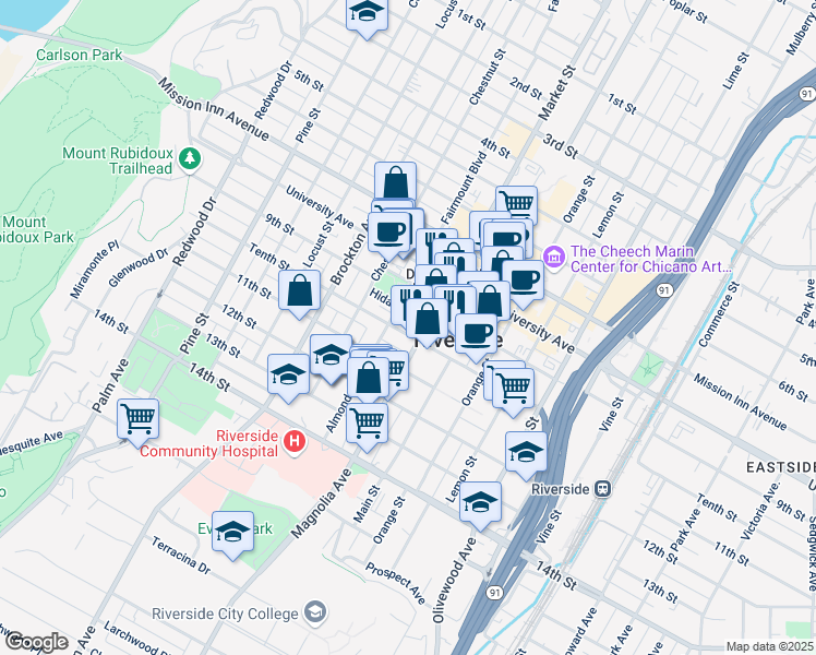 map of restaurants, bars, coffee shops, grocery stores, and more near 3845 Tenth Street in Riverside