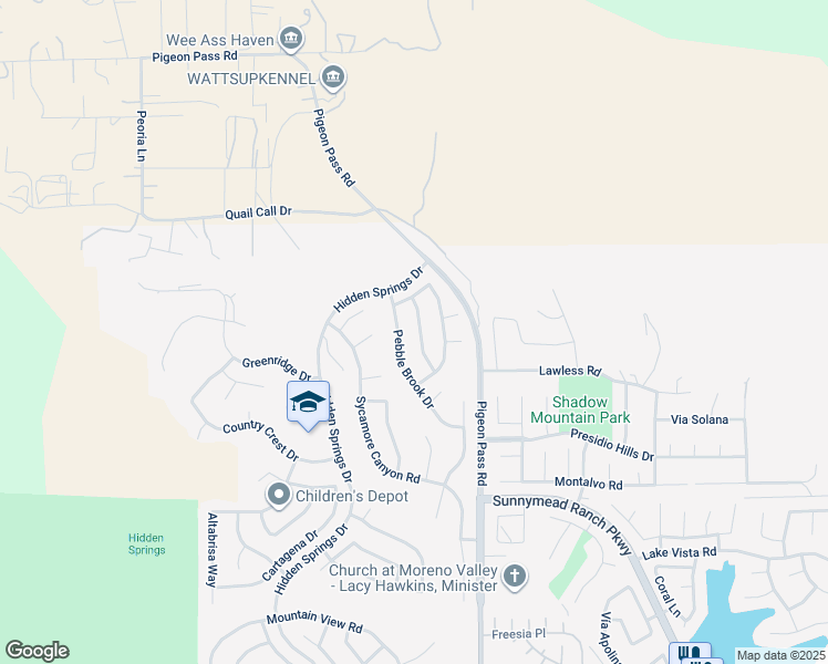 map of restaurants, bars, coffee shops, grocery stores, and more near 9615 Ripplecreek Drive in Moreno Valley