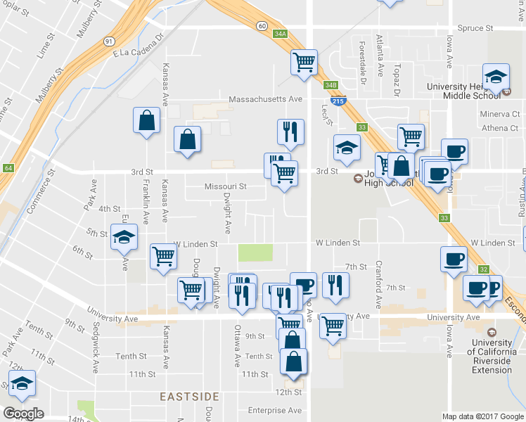 map of restaurants, bars, coffee shops, grocery stores, and more near 1811 Keith Street in Riverside