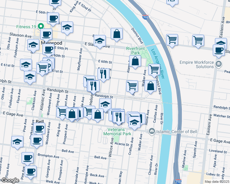 map of restaurants, bars, coffee shops, grocery stores, and more near 6152 Wilcox Avenue in Maywood