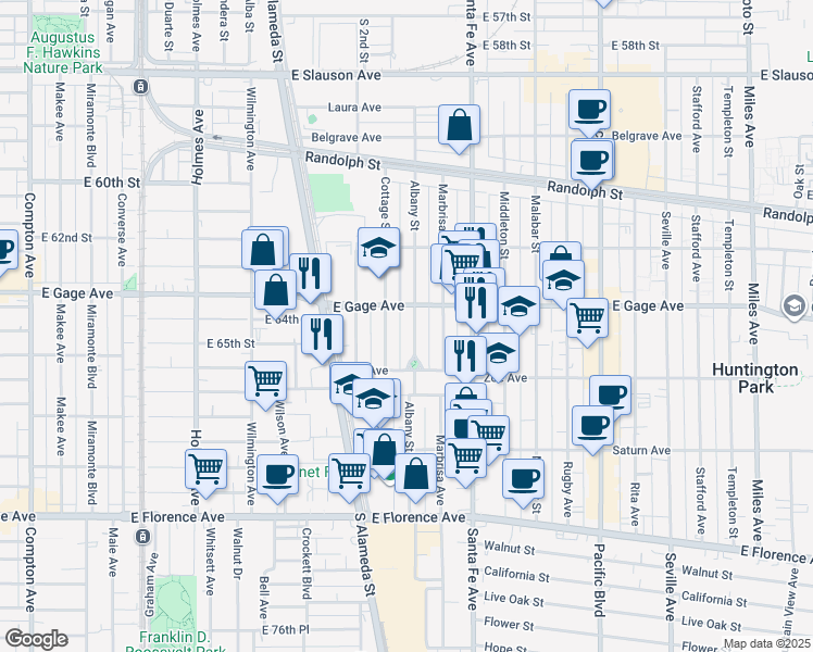 map of restaurants, bars, coffee shops, grocery stores, and more near 6417 Albany Street in Huntington Park