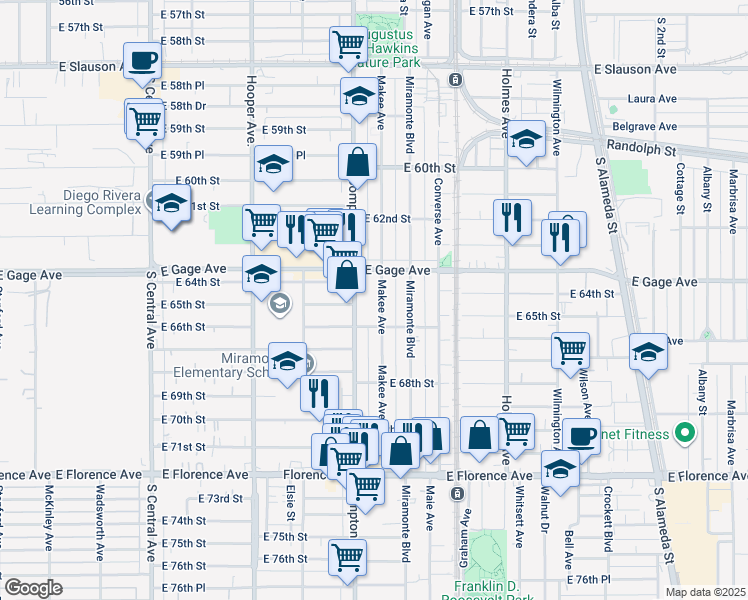 map of restaurants, bars, coffee shops, grocery stores, and more near 6424 Makee Avenue in Los Angeles
