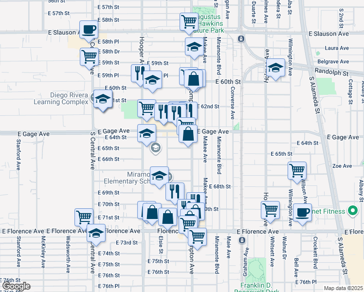 map of restaurants, bars, coffee shops, grocery stores, and more near 1437 3/8 East 65th Street in Los Angeles