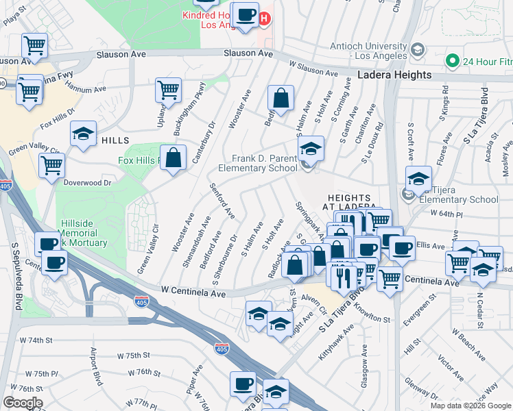 map of restaurants, bars, coffee shops, grocery stores, and more near 6432 South Halm Avenue in Los Angeles