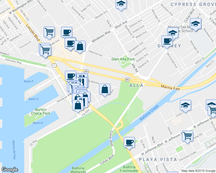 map of restaurants, bars, coffee shops, grocery stores, and more near 4771 La Villa Marina in Marina del Rey