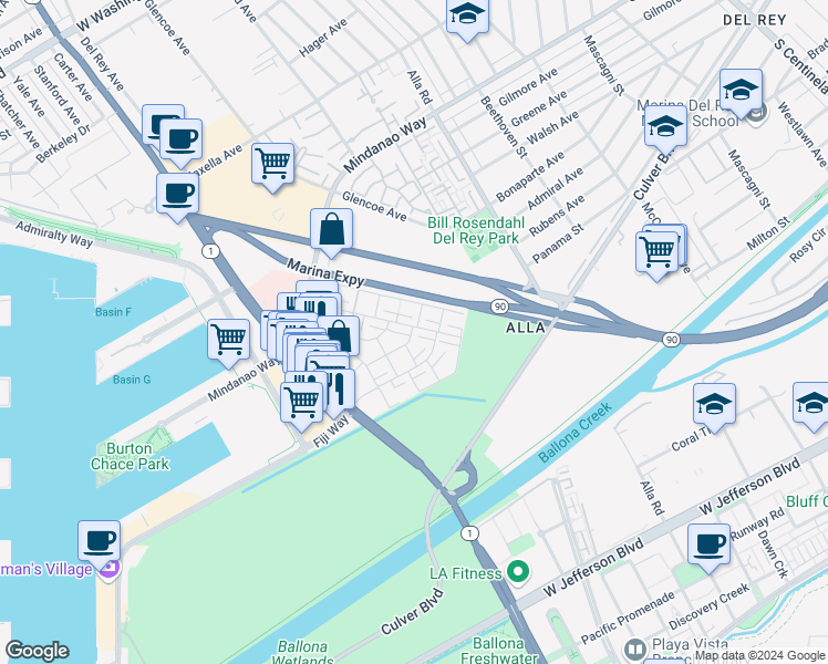 map of restaurants, bars, coffee shops, grocery stores, and more near 4771 La Villa Marina in Marina del Rey