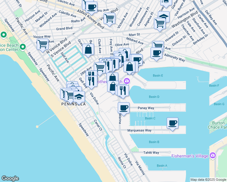 map of restaurants, bars, coffee shops, grocery stores, and more near 4111 Vía Marina in Marina del Rey