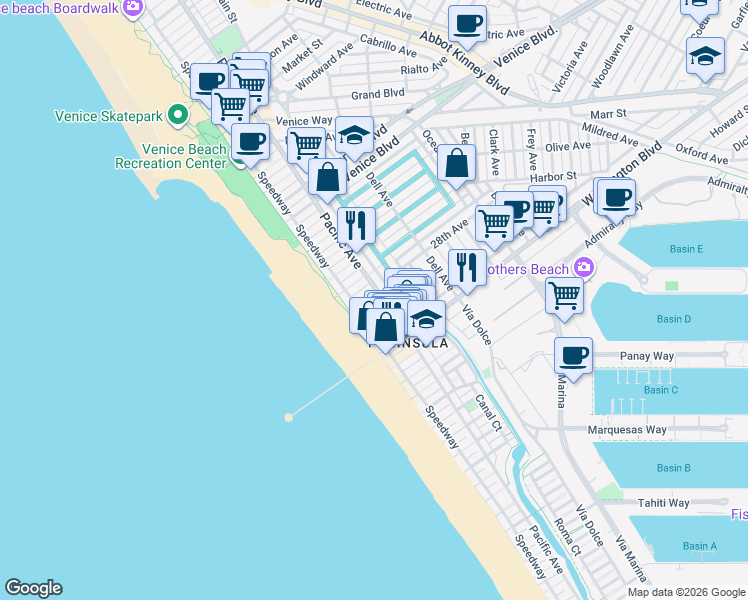 map of restaurants, bars, coffee shops, grocery stores, and more near 38 28th Place in Los Angeles