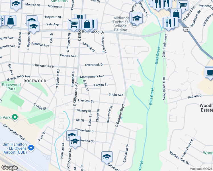 map of restaurants, bars, coffee shops, grocery stores, and more near 3906 Eureka Street in Columbia
