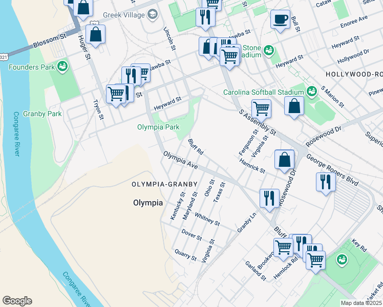 map of restaurants, bars, coffee shops, grocery stores, and more near 601 Kentucky Street in Columbia