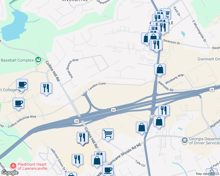 map of restaurants, bars, coffee shops, grocery stores, and more near 162 Lendon Lane in Lawrenceville