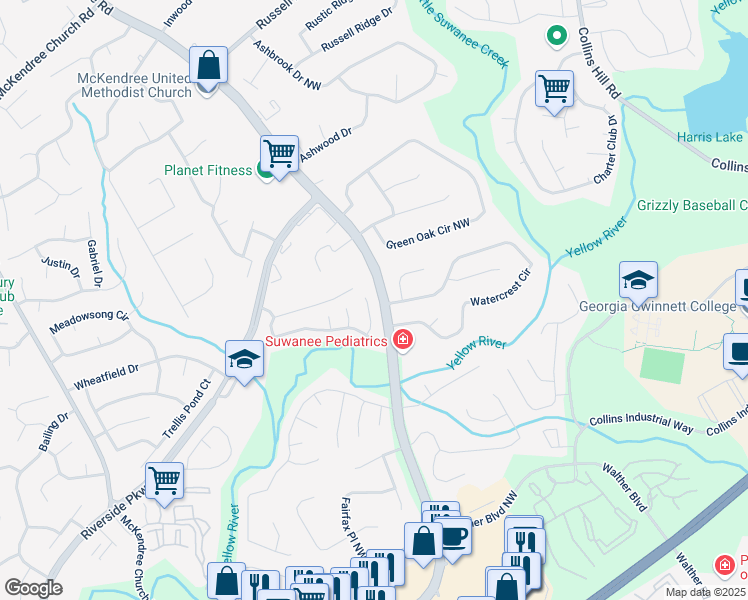 map of restaurants, bars, coffee shops, grocery stores, and more near 1540 Ox Bridge Court Northwest in Lawrenceville
