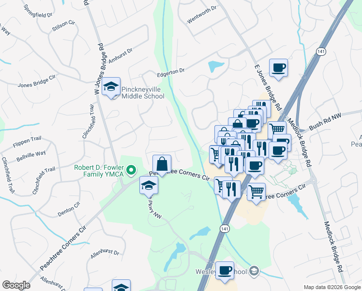 map of restaurants, bars, coffee shops, grocery stores, and more near 5315 Golden Leaf Trail in Norcross