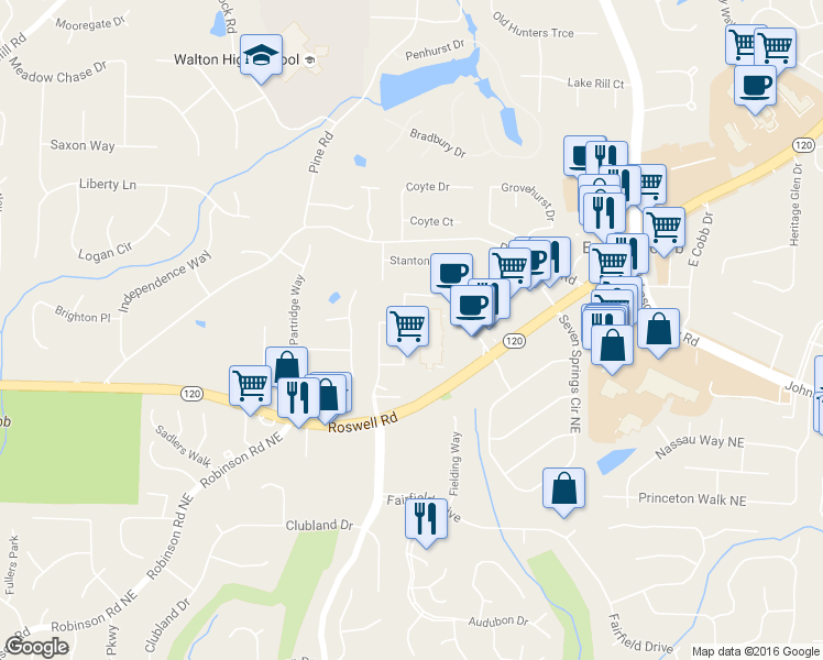 map of restaurants, bars, coffee shops, grocery stores, and more near 1319 Nantahala Trail in Marietta