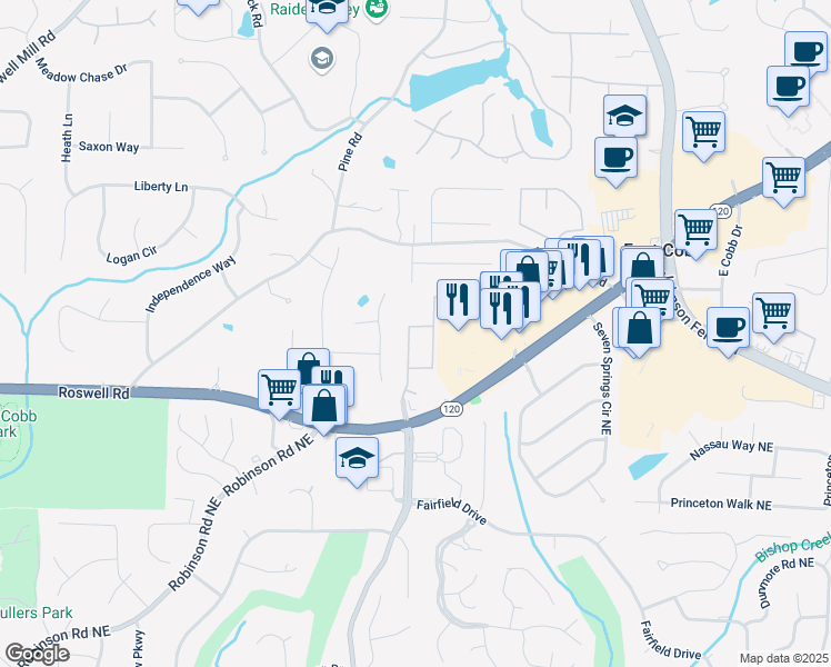 map of restaurants, bars, coffee shops, grocery stores, and more near 1234 Indian Hills Parkway Northeast in Marietta