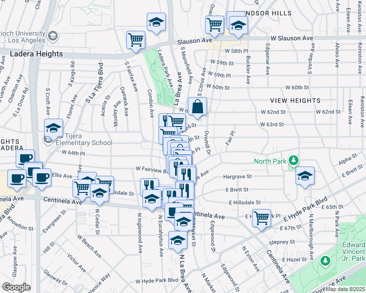 map of restaurants, bars, coffee shops, grocery stores, and more near 4648 West 64th Street in Inglewood