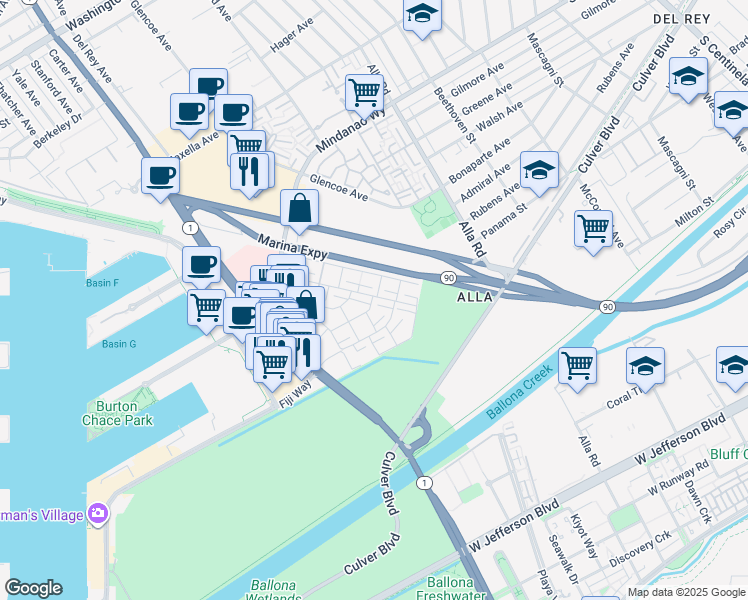 map of restaurants, bars, coffee shops, grocery stores, and more near 4771 La Villa Marina in Marina del Rey