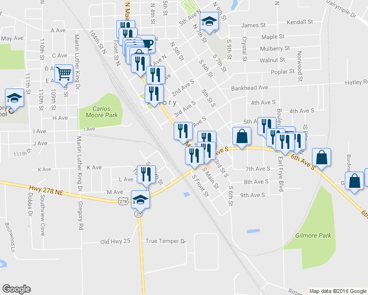 map of restaurants, bars, coffee shops, grocery stores, and more near 406 South Main Street in Amory