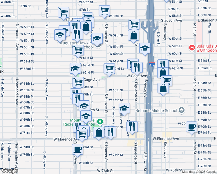 map of restaurants, bars, coffee shops, grocery stores, and more near 6414 South Hoover Street in Los Angeles