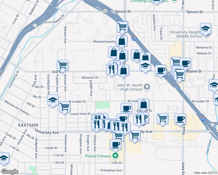 map of restaurants, bars, coffee shops, grocery stores, and more near 1811 Keith Street in Riverside