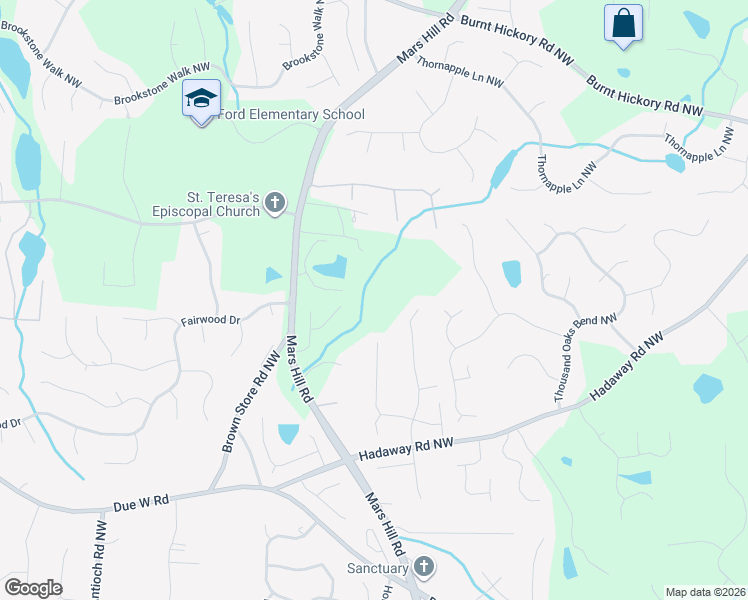 map of restaurants, bars, coffee shops, grocery stores, and more near 1175 Mars Hill Road in Acworth