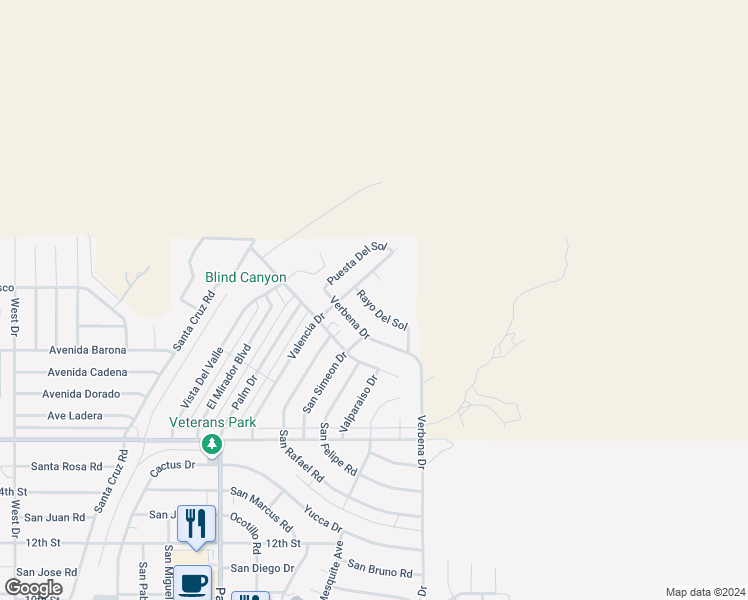 map of restaurants, bars, coffee shops, grocery stores, and more near Rayo Del Sol in Desert Hot Springs