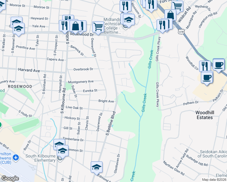 map of restaurants, bars, coffee shops, grocery stores, and more near 727 S Beltline Blvd in Columbia