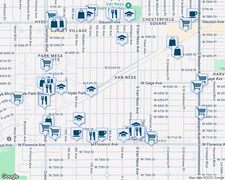 map of restaurants, bars, coffee shops, grocery stores, and more near 6518 4th Ave in Los Angeles