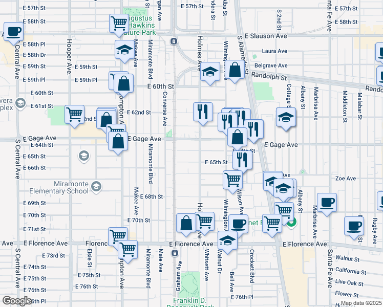 map of restaurants, bars, coffee shops, grocery stores, and more near 1740 East 64th Street in Los Angeles