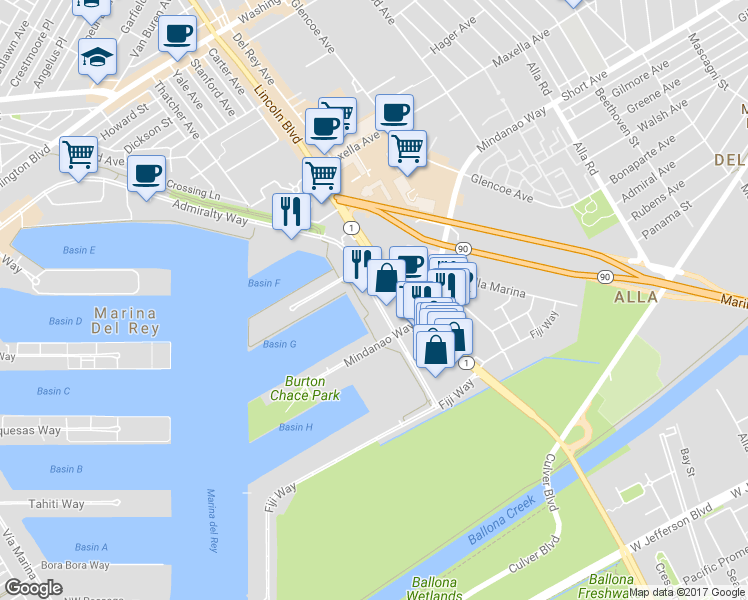 map of restaurants, bars, coffee shops, grocery stores, and more near 4647 Admiralty Way in Marina del Rey