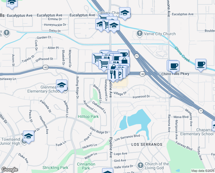 map of restaurants, bars, coffee shops, grocery stores, and more near 14989 Sandalwood Lane in Chino Hills