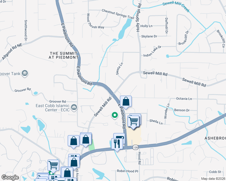 map of restaurants, bars, coffee shops, grocery stores, and more near 2401 Sewell Mill Road in Marietta
