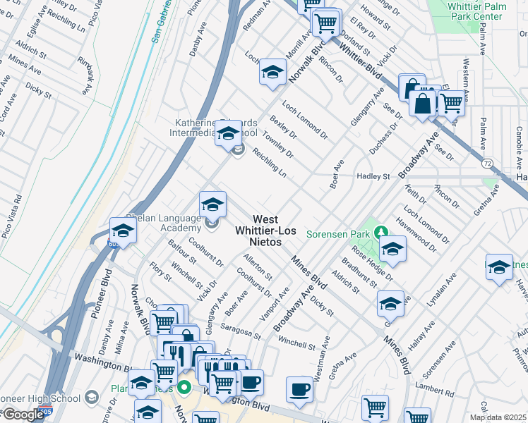 map of restaurants, bars, coffee shops, grocery stores, and more near 11024 Aldrich Street in Whittier