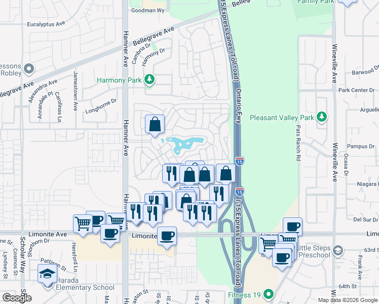map of restaurants, bars, coffee shops, grocery stores, and more near 5800 Hamner Avenue in Eastvale