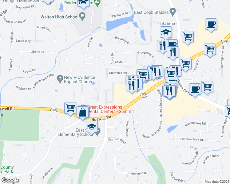 map of restaurants, bars, coffee shops, grocery stores, and more near 1319 Nantahala Trail in Marietta