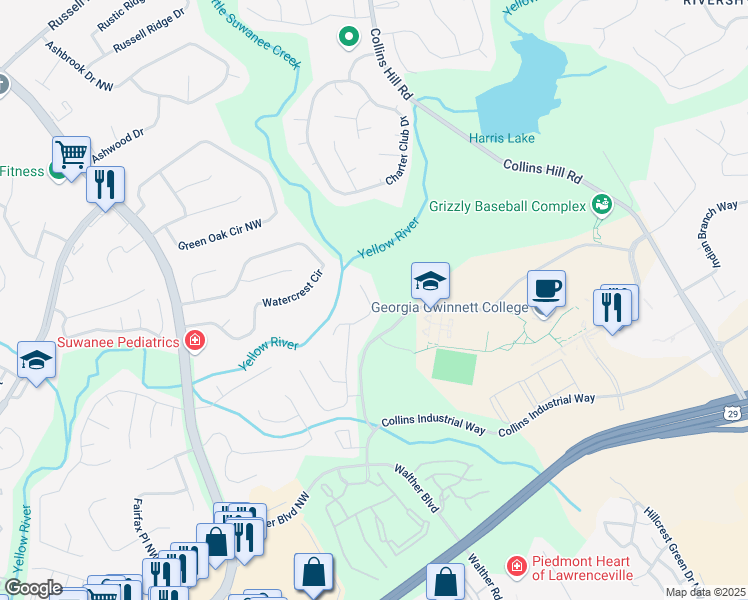 map of restaurants, bars, coffee shops, grocery stores, and more near 1167 Yellow River Drive in Lawrenceville