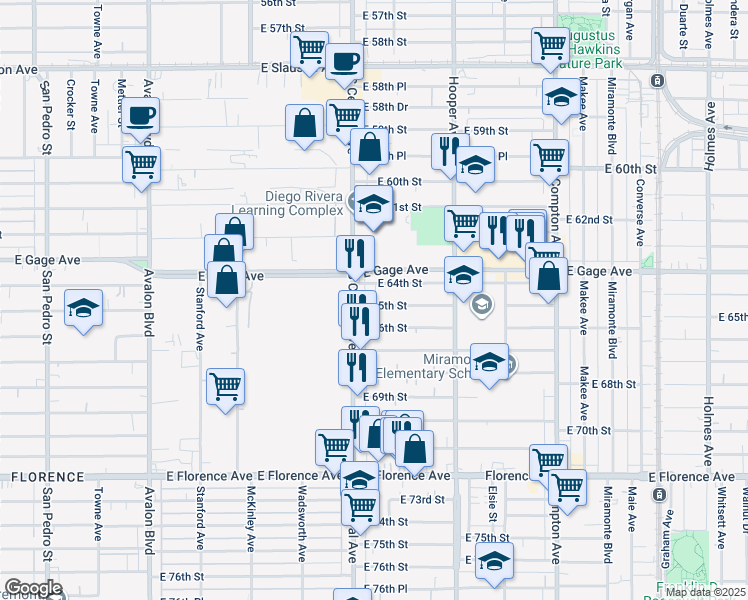 map of restaurants, bars, coffee shops, grocery stores, and more near 1125 East 65th Street in Los Angeles