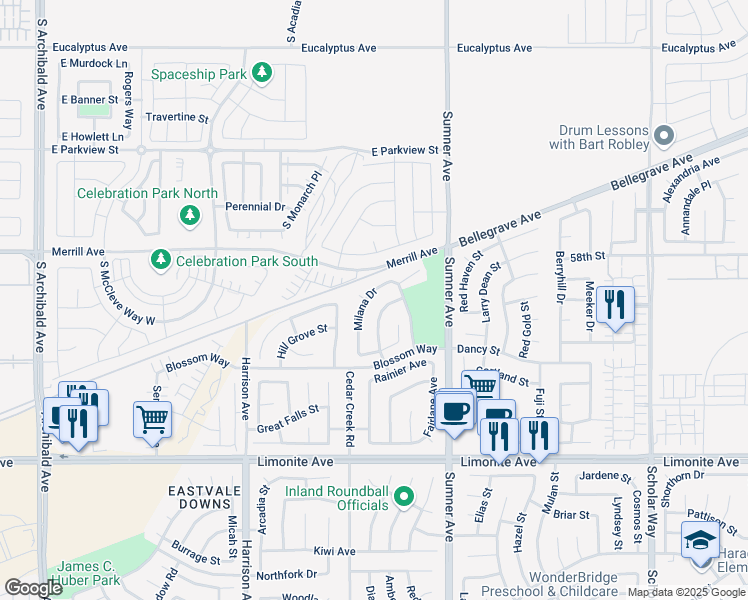 map of restaurants, bars, coffee shops, grocery stores, and more near 5918 Milana Drive in Corona
