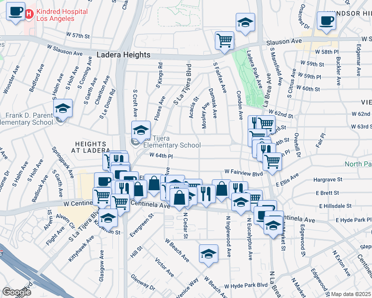 map of restaurants, bars, coffee shops, grocery stores, and more near 424 West 64th Street in Inglewood