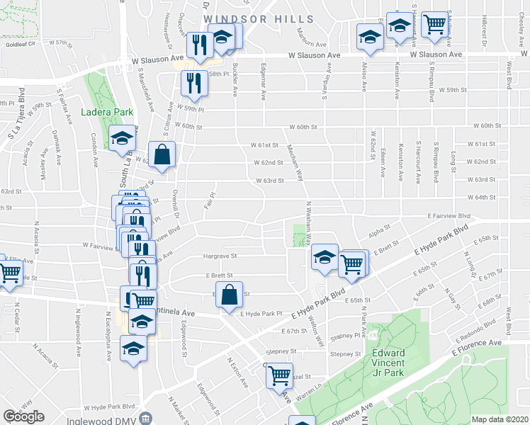 map of restaurants, bars, coffee shops, grocery stores, and more near 1320 Buckler Avenue in Inglewood