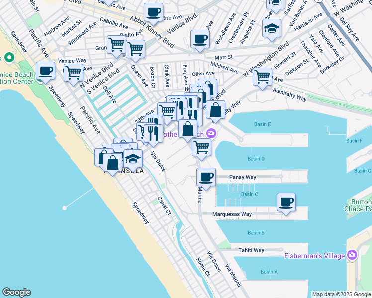map of restaurants, bars, coffee shops, grocery stores, and more near 4111 Via Marina in Marina del Rey