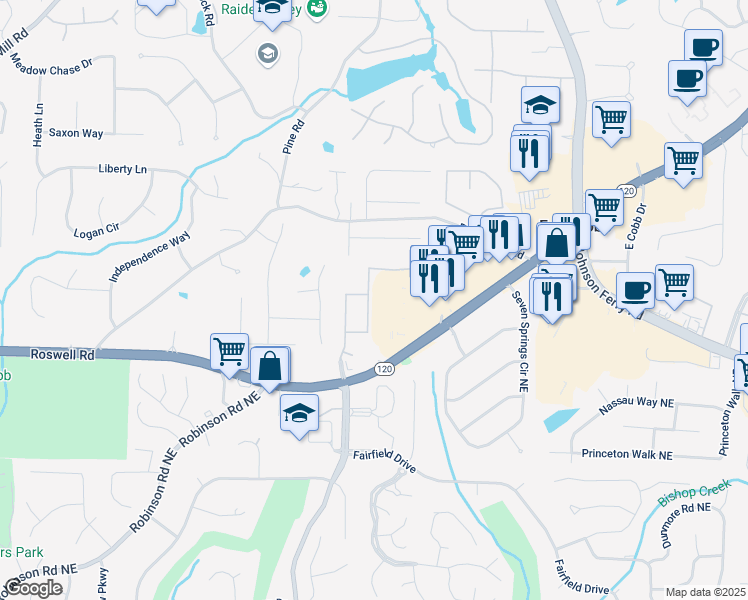 map of restaurants, bars, coffee shops, grocery stores, and more near 1320 Nantahala Trail in Marietta