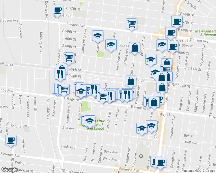 map of restaurants, bars, coffee shops, grocery stores, and more near 6238 Corona Avenue in Bell