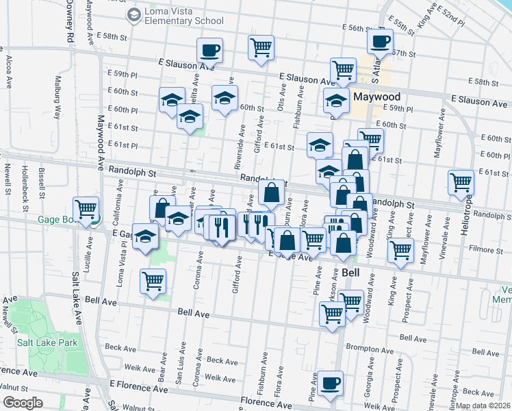 map of restaurants, bars, coffee shops, grocery stores, and more near 6229 Otis Avenue in Bell