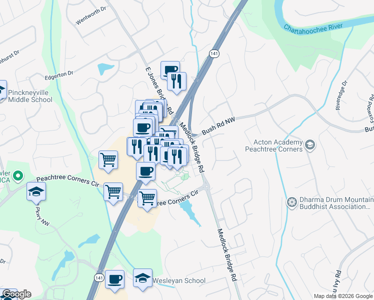 map of restaurants, bars, coffee shops, grocery stores, and more near 3795 Medlock Bridge Road in Norcross