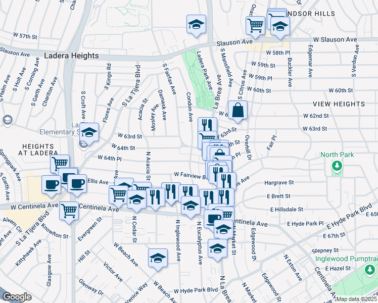 map of restaurants, bars, coffee shops, grocery stores, and more near 200 West 64th Street in Inglewood